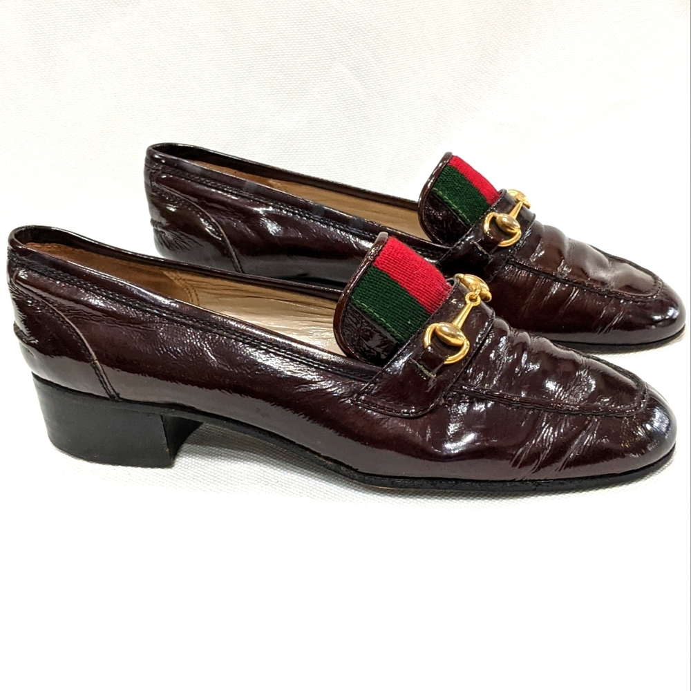 Gucci Brown bit patent leather slip-on loafers